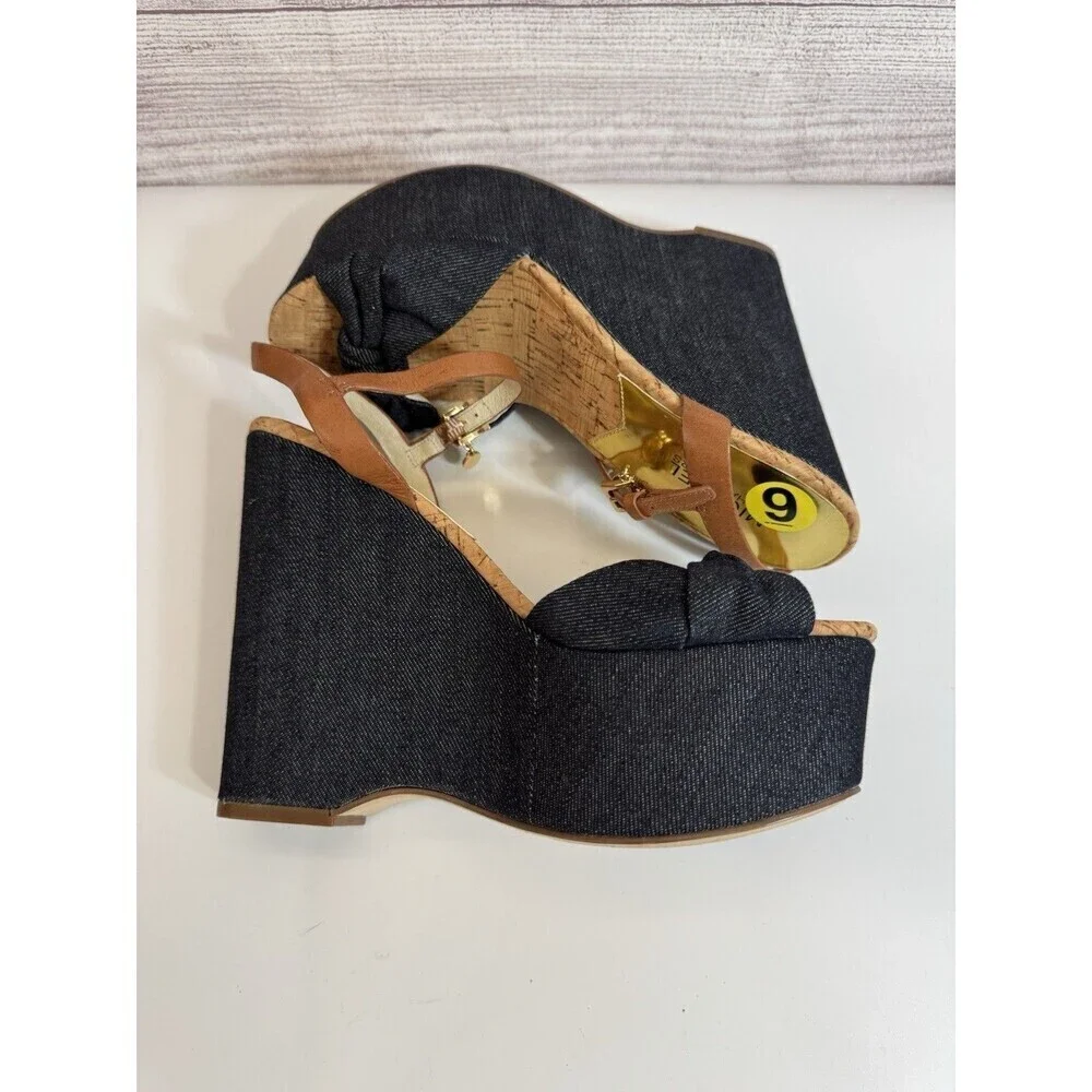 Michael Kors Denim Cork Wedge Sandals Size 9  Ankle Strap Espadrille Heels
